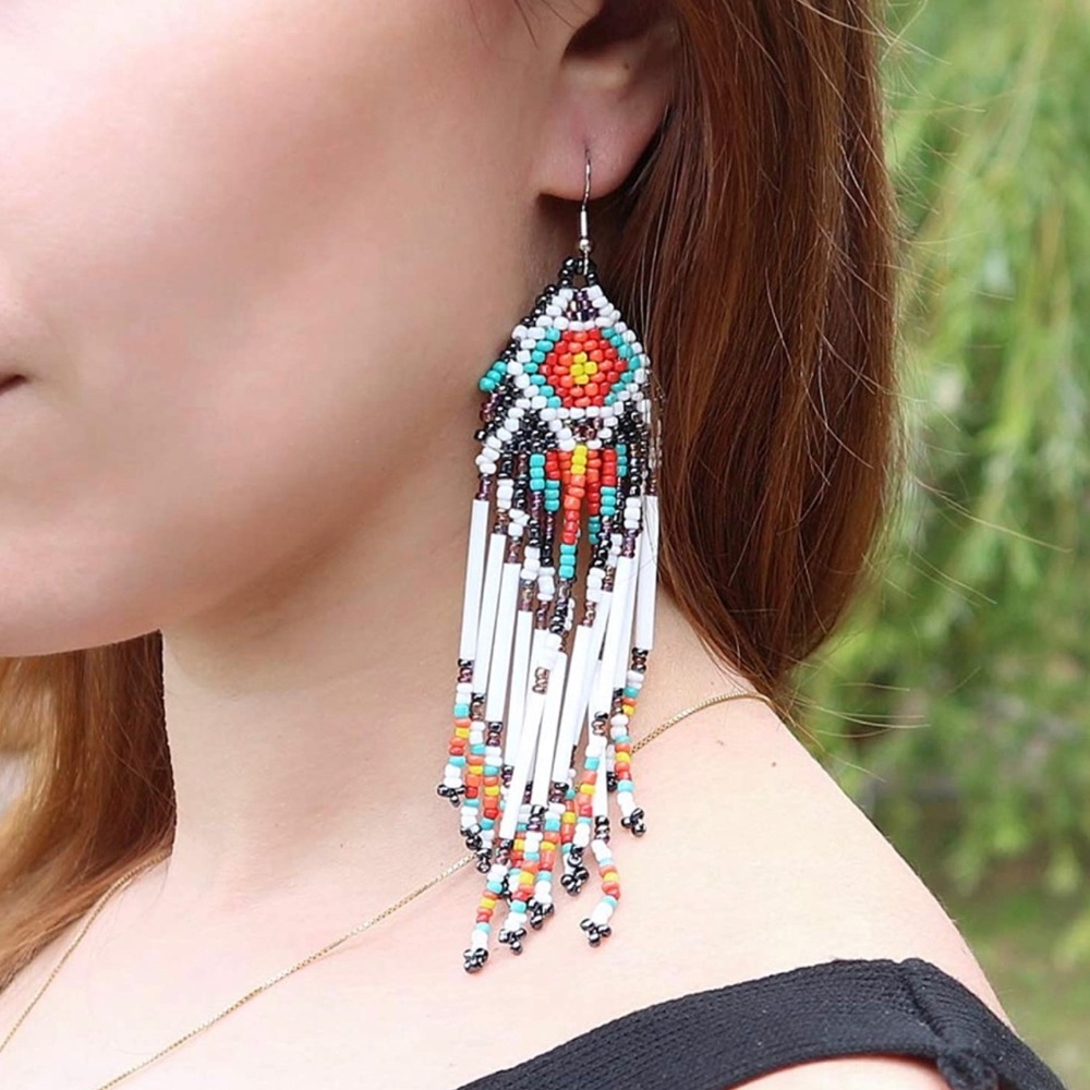Long Handmade Seed Bead Statement Earrings for Women (New)